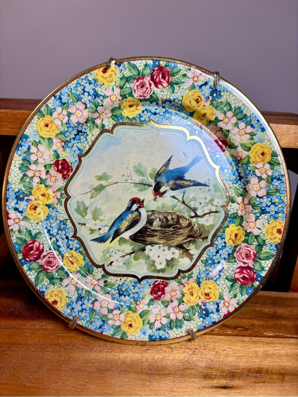 VTG Daher Decorated Ware Metal Tin Plate Made in Holland bird nest gold